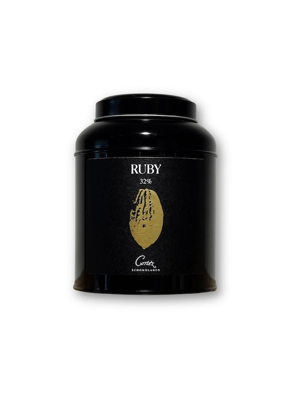 Dose Ruby, rosa Trinkschokolade von Cortez Schokoladen, 32% Kakao.