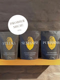 Die Sorten Yuluka, Semanini und Purissima im Zipbeutel, Button mit Hinweis Probier Mich je 100g.