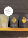 Die Sorten Virunga, Yuluka und Semanini im Zipbeutel, Button mit Hinweis Probier Mich je 100g.