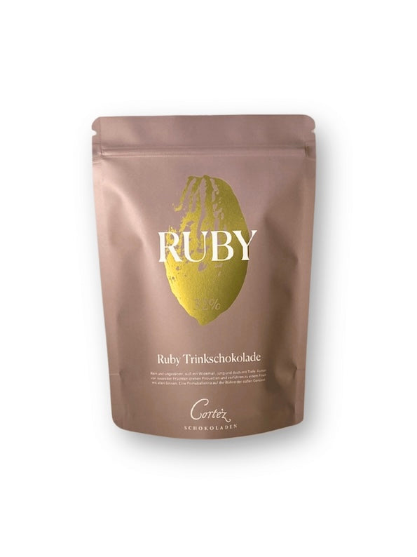Verpackung Ruby, rosa Trinkschokolade von Cortez Schokoladen, 32% Kakao, Zip-Beutel voll recyclebar.