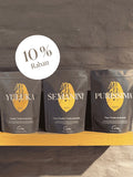 Die Sorten Yuluka, Semanini und Purissima im Zipbeutel, Button mit Hinweis 10% Rabatt.