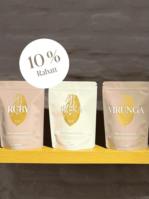 Die Sorten Ruby, Luna und Virunga im Zipbeutel, Button mit Hinweis 10% Rabatt.
