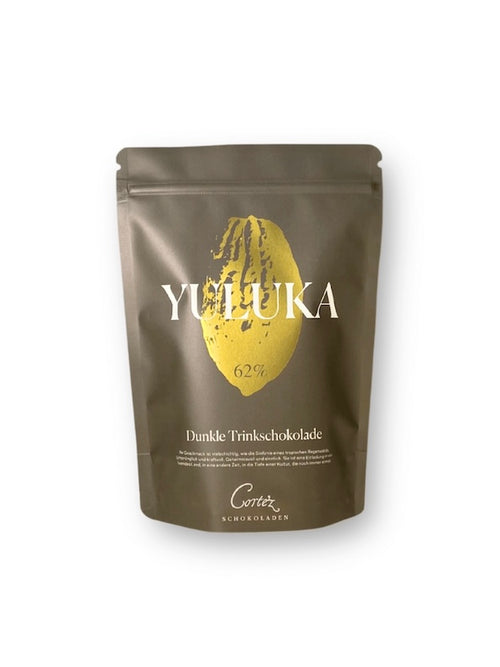 Verpackung Yuluka, dunkle Trinkschokolade von Cortez Schokoladen, 62% Kakao, Zip-Beutel voll recyclebar.